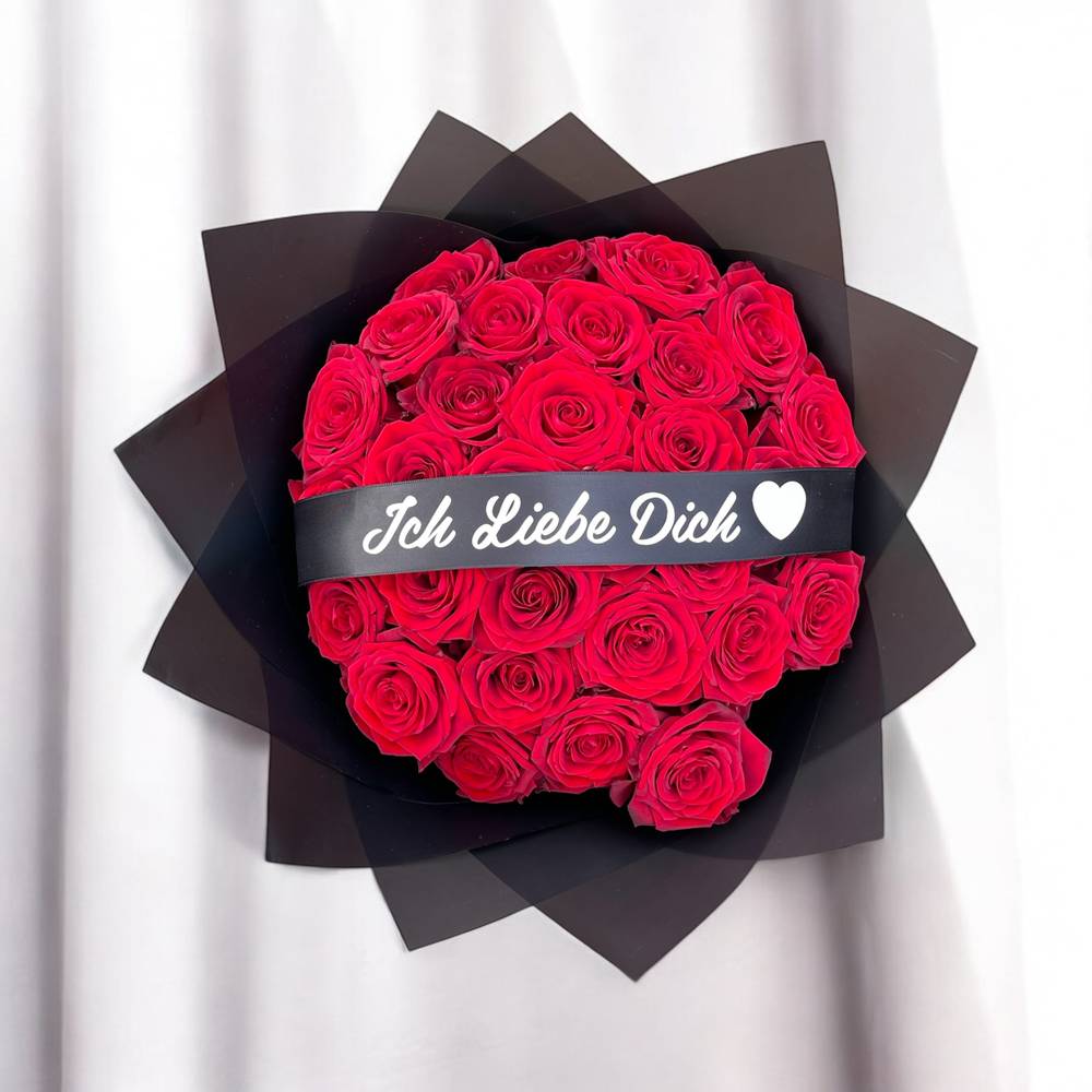 Roter Rosenstrauß mit Beschriftung - zoom Roter Rosenstrauß mit Beschriftung - zoom